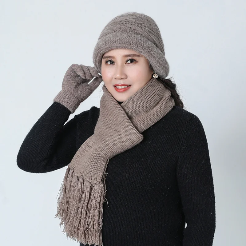Middle-aged Lady Hat Autumn Warm Wool Mixed Warm Hat Woolen Cap Middle Age Mother Grandmother Knitted Hat scarf gloves Hat - Цвет: 4