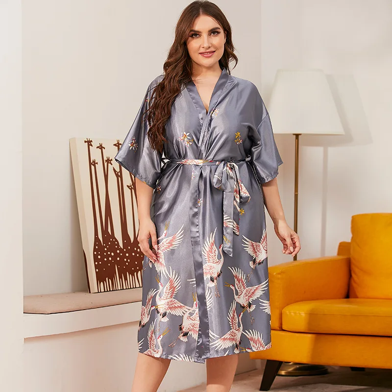 XL fashion women's nightgown bathrobe printing design women's ice silk nightdress summer pajamas nightgown