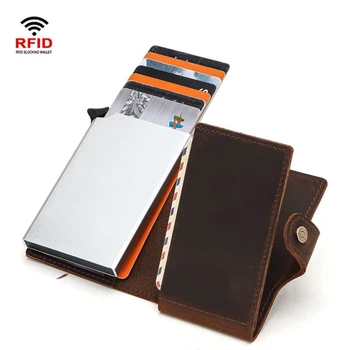 

Vintage RFID Blocking Crazy Horse Cow Leather Men Wallet Credit Card Holder Aluminium Box Men Women Automatic Pop Up Card Case