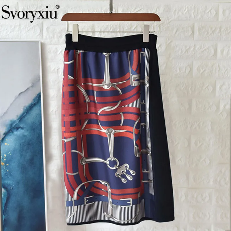 Svoryxiu модные дизайнерские осенние юбки женские шелковые цепи печатных лоскутное вязание сбоку сплит сексуальные юбки