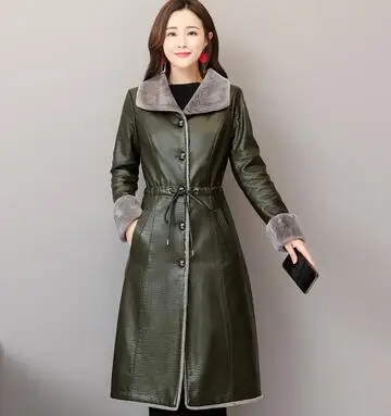 Dark green Модная новинка, женская зимняя кожаная куртка, тонкие меховые пальто, длинный осенний Тренч, пальто размера плюс 5XL, толстые кожаные куртки для женщин G41 - Цвет: Dark green