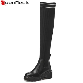 

MoonMeek 2020 new genuine leather boots women round toe over the knee boots womens square high heels platform boots