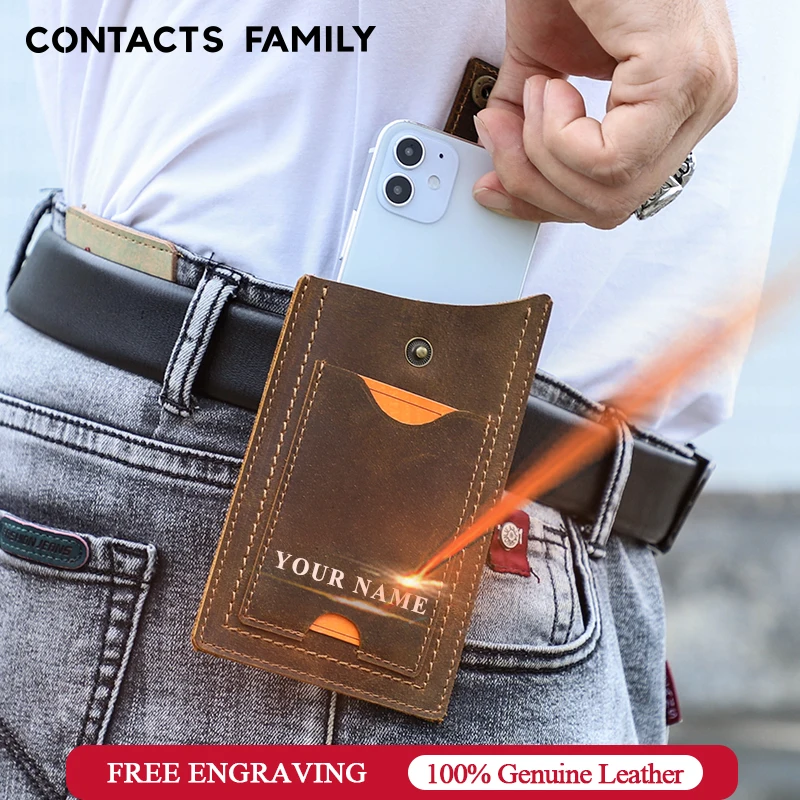 CONTACT'S FAMILY 100% Genuine Leather Cellphone Belt Waist Bag For Men Vintage Handmade Loop Holster Mobile Phone Cover Case