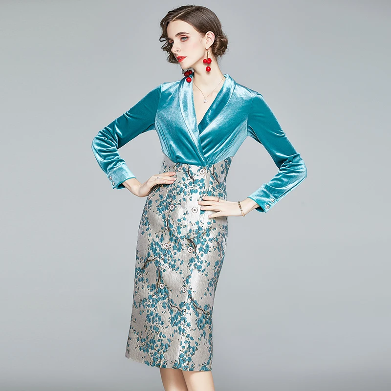

Vogue Patchwork Printed Luxury Velvet Dresses Women Double Breasted Long Sleeve V-Neck Ladies Elegant Evening Party Wear Autumn