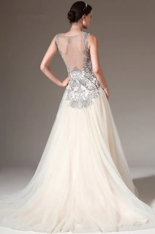 Elegant Evening Dresses A-line Tulle Lace See Through Long Dubai Saudi Arabic Evening Gown Prom Dresses