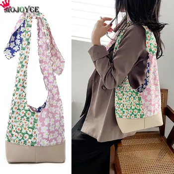 

Floral PU Splicing Hit Color Women Handbags Ladies Flower Simple Travel Art Shoulder Totes Bag Cotton PU Durable Shopping Bags