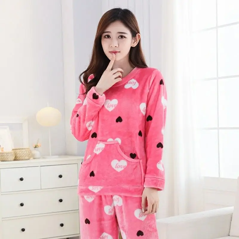 Женская пижама Woman's Pajamas Sets Autumn Flannel Coral O-neck Home Suit 2019Female New Long-sleeve Thicken Print Sleeping Sets