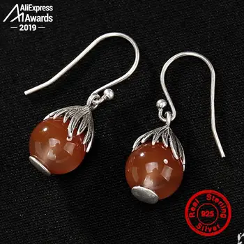 

S925 Fine Jewelry Earrings 925 Sterling Silver Women Handmade Vintage Natural Retro Garnet Jasper Ruby