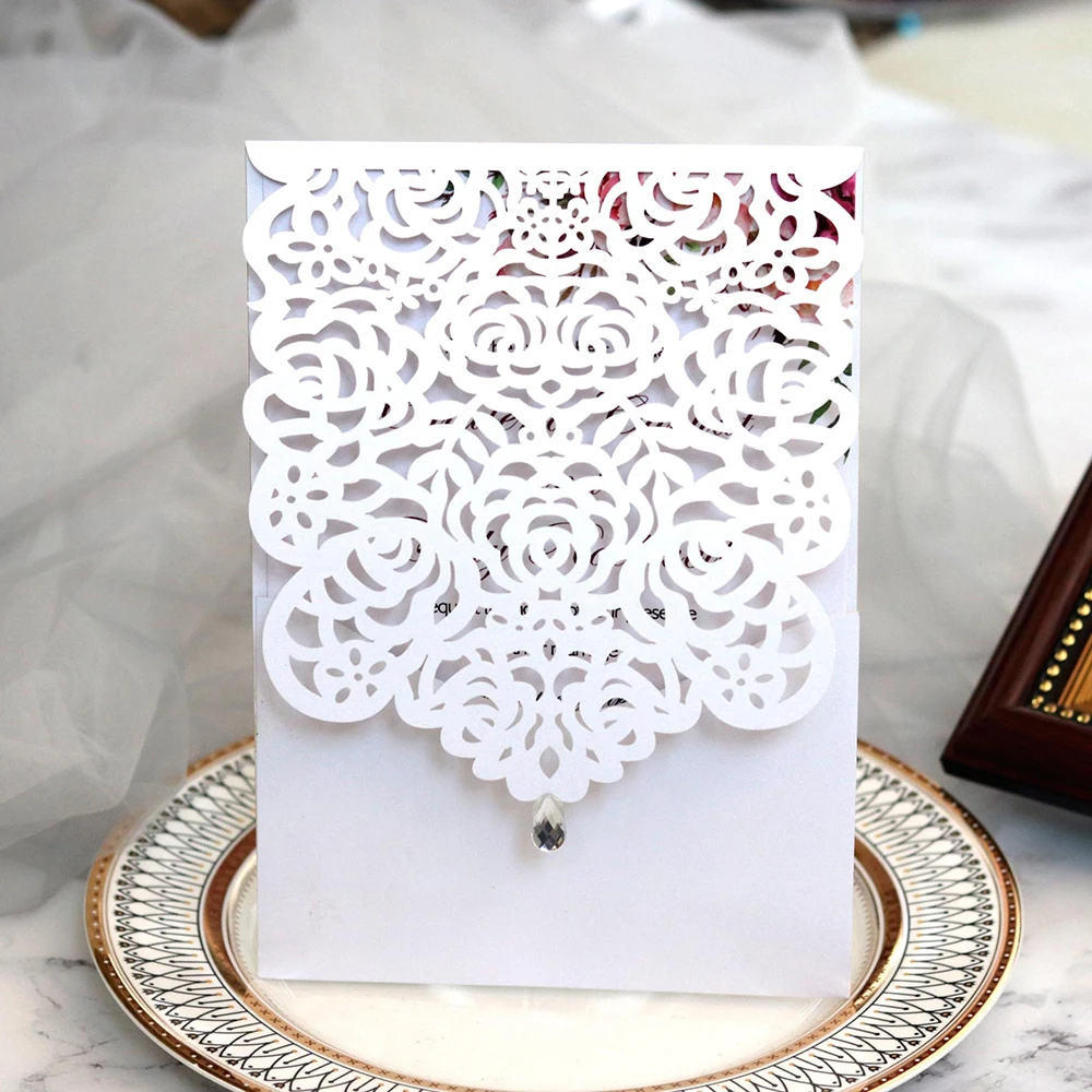 10pcs/set Elegant Lace Pocket Wedding Invitations Card Business Invitation Square Laser Cut Customi - 4.00028E+12