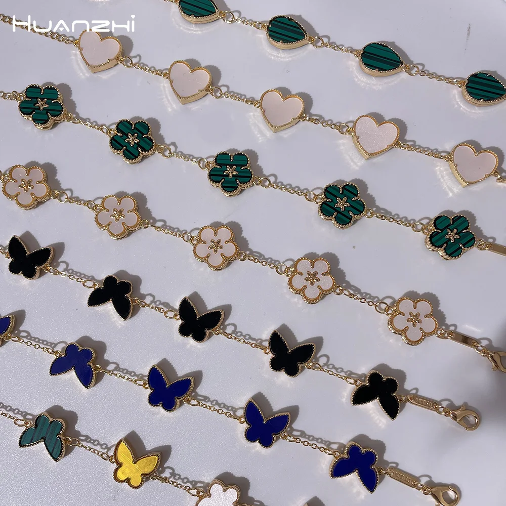 HUANZHI Colorful Butterfly Flower Love Heart Bracelet for Women Waterdrop Link Chain Adjustable Bangle Double Side, beaded bracelet,metal bracelet,crystal bracelet