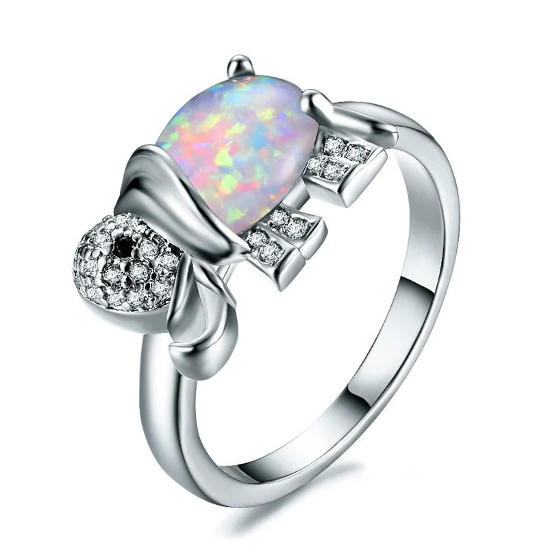 

Luxury Blue/White Fire Opal Elephant Ring Silver Filled Animal Ring Rainbow Birthstone Jewelry Wedding Gift