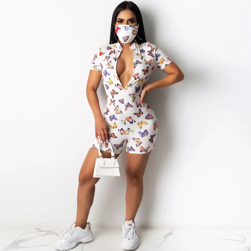 

2020 Summer Women Jumpsuit Sexy Style Model Zipper Short Sleeve Butterfly Print European and American Rompers Bodysuit