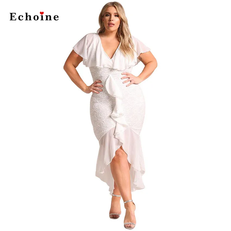 Tanie Wieczór Party elegancka koronka szyfonowa sukienka kobiety Sexy dekolt w szpic patchworkowa pomarszczona drapowania dół Hi lo Hem warstwowa rękaw suknia maxi