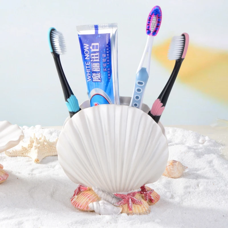 1 Nordic Mediterranean Style Toothbrush Holder Shell Shape Exquisite Resin Bathroom Toothpaste Storage Home Desktop Decoration - Цвет: 1