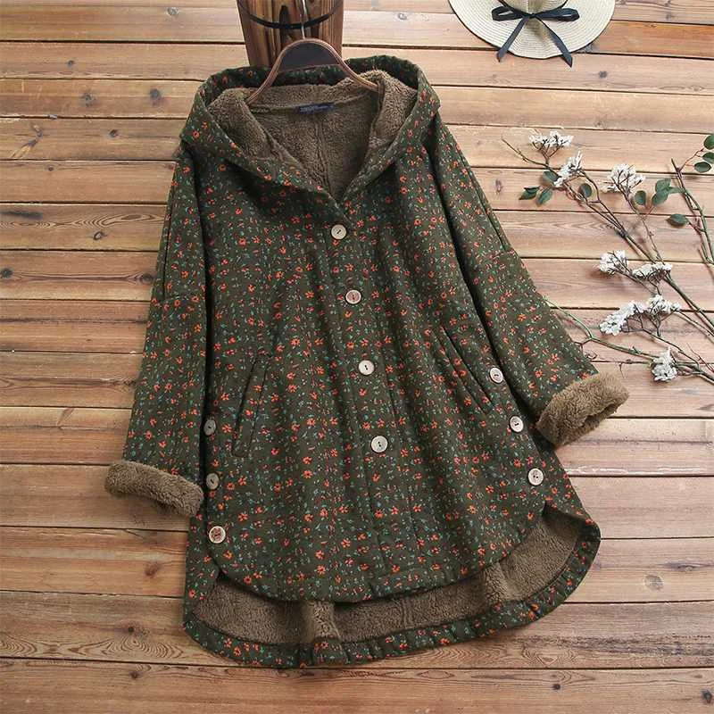 Женские флисовые куртки с принтом ZANZEA Kaftan пальто с капюшоном Повседневная Верхняя одежда на пуговицах Женская Осенняя Асимметричная верхняя одежда размера плюс - Цвет: Зеленый