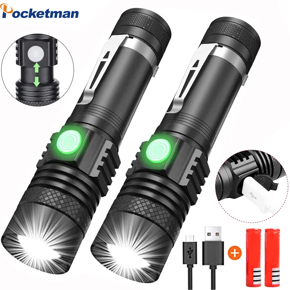 

LED Torch Powerful Flashlight USB linterna led torch T6/L2/V6 Power Tips Zoomable Bicycle Light 18650 Rechargeable