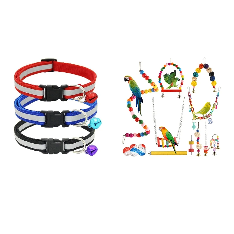 3PCS Adjustable Reflective Pet Collar Safety Buckle with Bell 15PCS Bird Parrot Toys Swing | Дом и сад