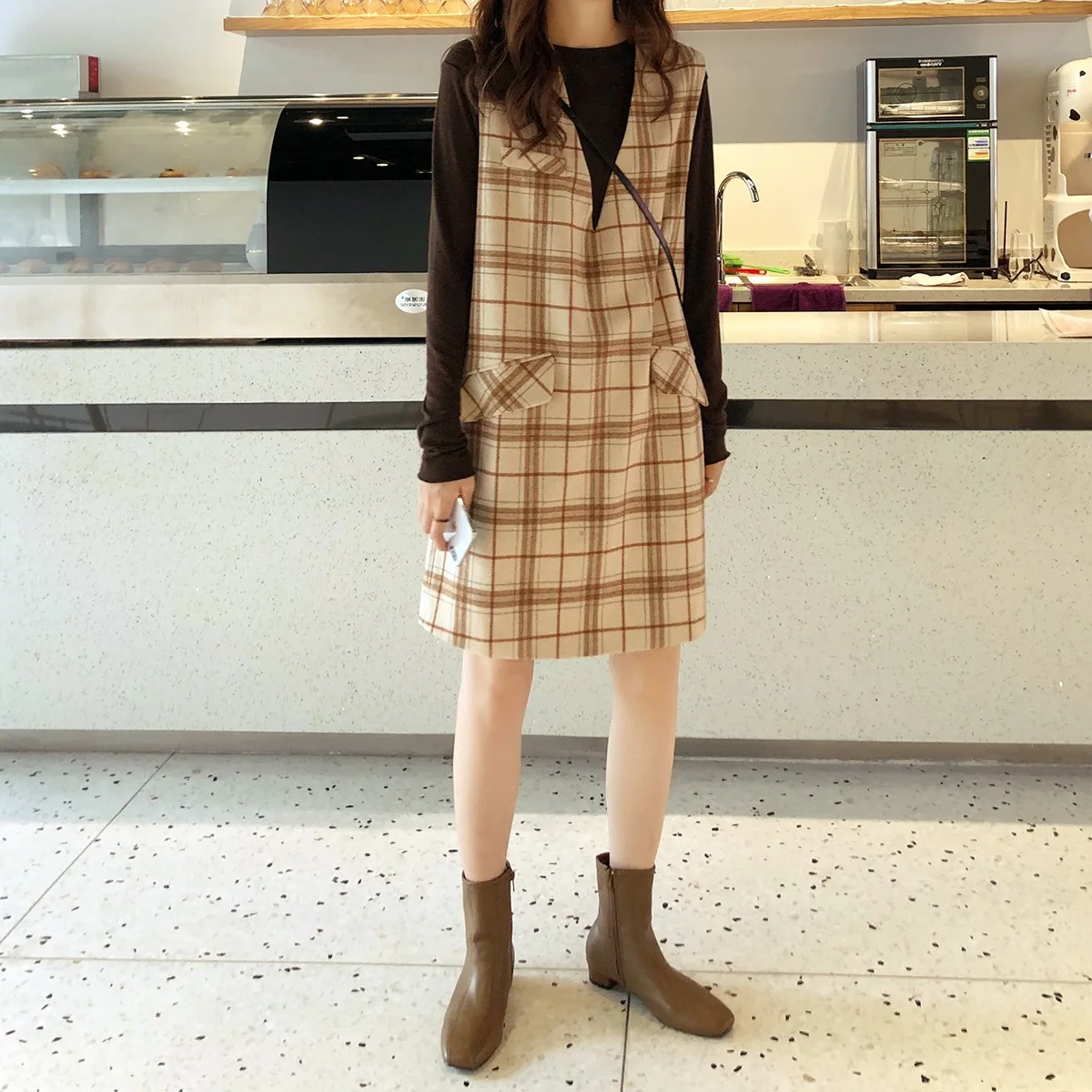 

Retro Plaid Vest Skirt 2019 Autumn And Winter New Style V-neck Loose-Fit Mid-length Woolen Dress Women's