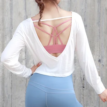 

Colorvalue Backless Workout Shirts For Women White Cropped Yoga Top Loose Long Sleeve Shirt Sexy Sports Tops Fitness Clothing