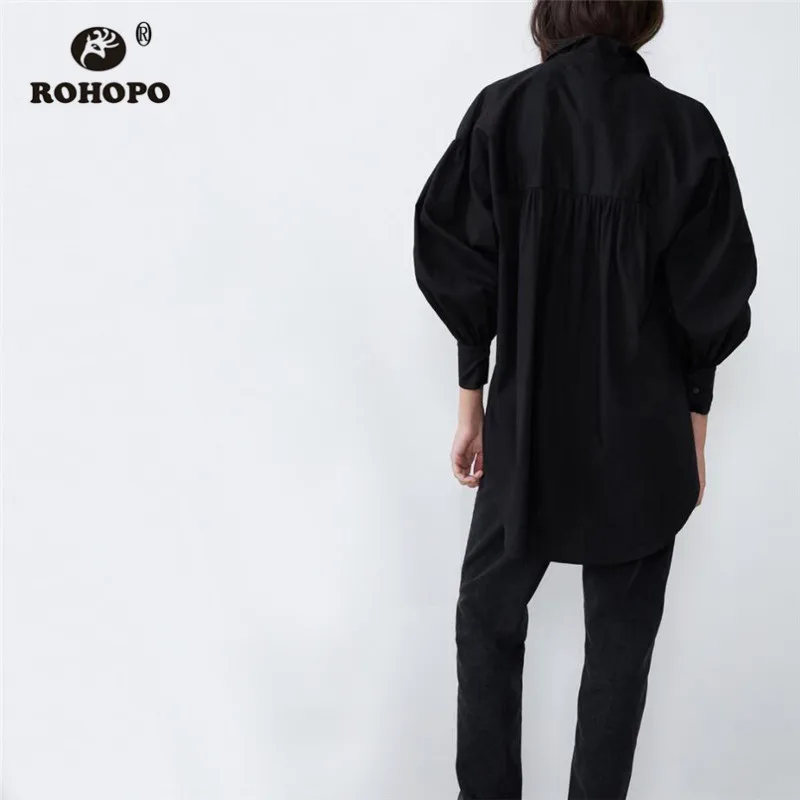  ROHOPO Black Cotton Poplin Blouse Long Sleeve Puff Lapel Collar Loose Autumn Solid Tops Shirt High 