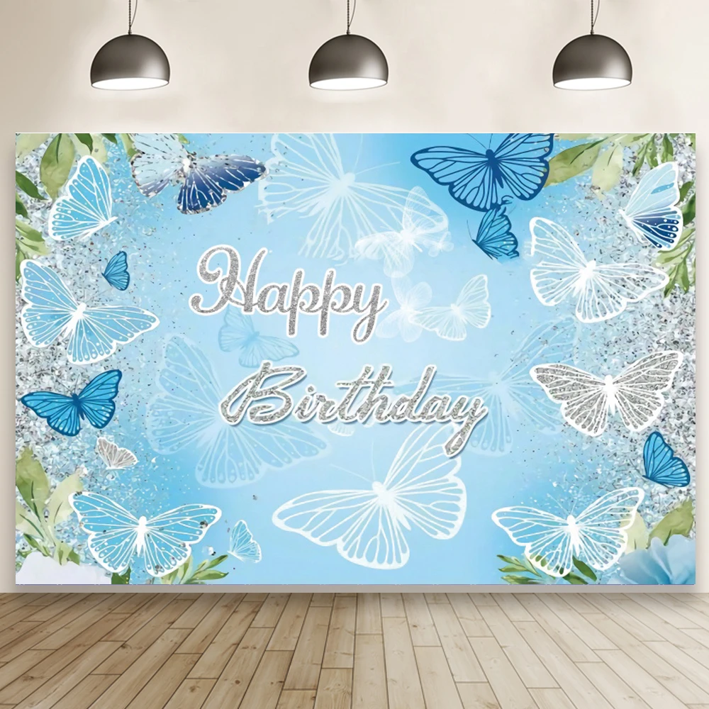 美しい蝶の青い写真の背景 新生児のシャワー ハッピーバースデーパーティー 背景テーブルの装飾 背景 Aliexpress