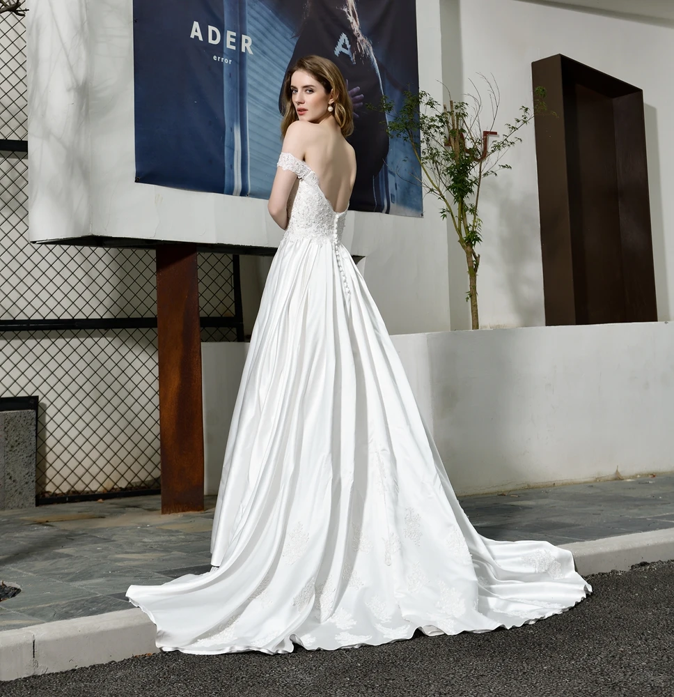 Свадебные платья цвета слоновой кости белые vestido de атласная Кружевная аппликация расшитая бисером и блестками плиссированные Свадебные платья с открытыми плечами со шлейфом