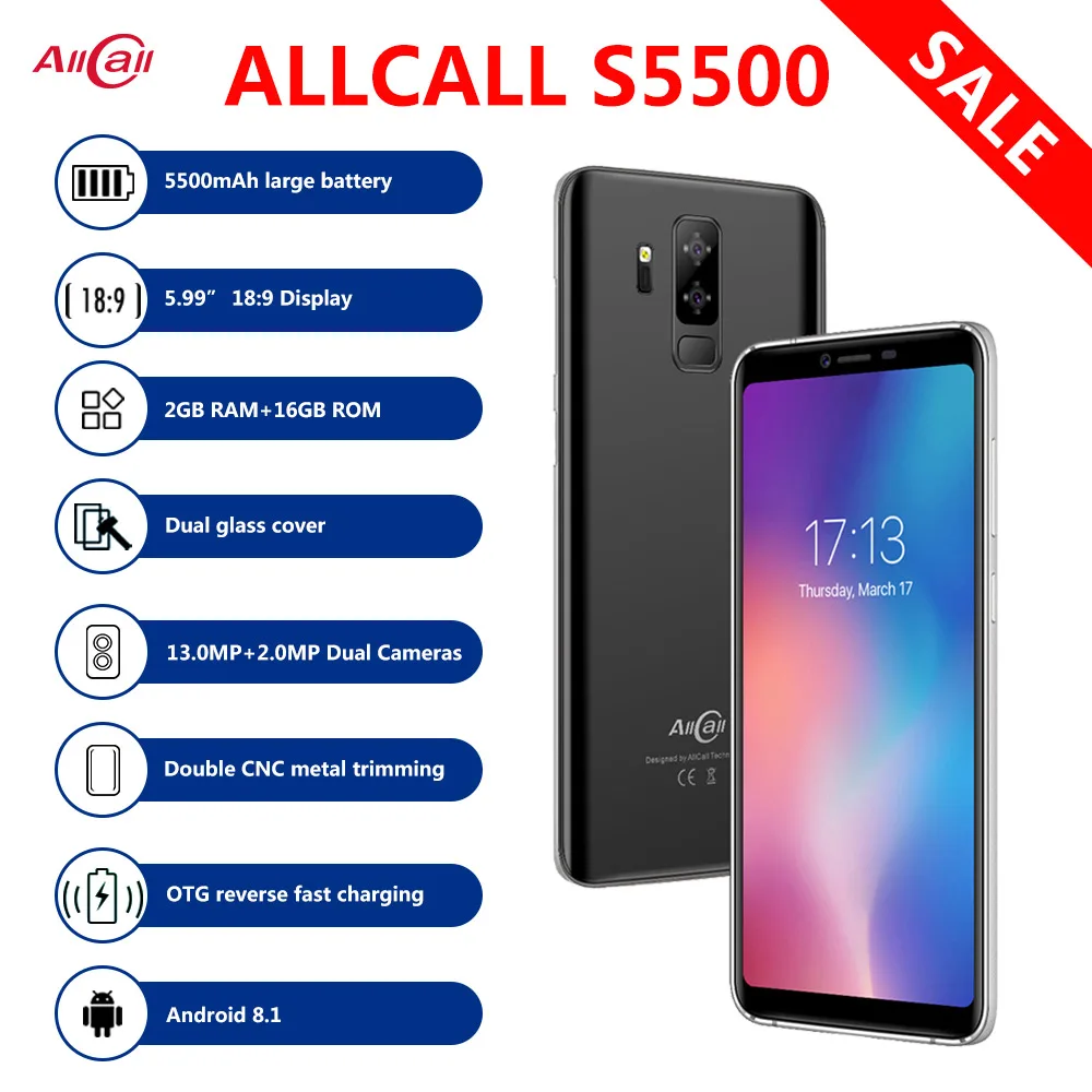 AllCall S5500 мобильный телефон 5 99 &quot5500 мА/ч Батарея Android 8 1 MTK6580M 4 ядра 2 Гб Оперативная память 16 Встроенная 13.0MP + 2MP