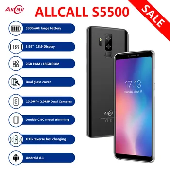 

AllCall S5500 Mobile Phone 5.99" 5500mAh Battery Android 8.1 MTK6580M Quad Core 2GB RAM 16GB ROM 13.0MP+2MP Cameras Smartphone