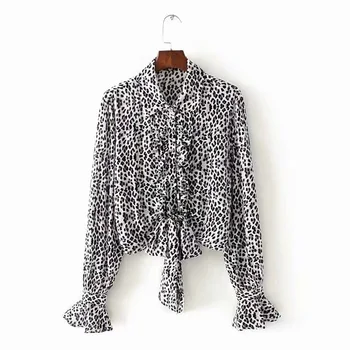 

2020 Spring Women's New Retro Leopard Printed Fungus Trim Tops Lace Up Lapel Flare Long Sleeve Shirt