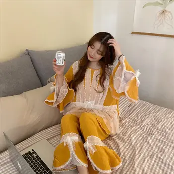 

Fashion Women Pajama Sets Lace Square Neck Pajama Suits Vintage Lady Cotton Yellow Pyjamas Set Sleep Loungewear Nightclothes