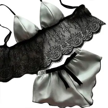 

Womens Spaghetti Strap Bralette Panty Lingerie Set Wide Floral Lace Patchwork Crop Top Long Ribbon Bow Shorts Erotic Nightwear