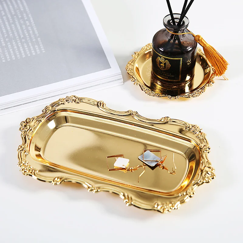 Gold Storage Tea Tray Set Stainless Steel Silver Cake Fruit Plate Jewelry Display Tray Wedding Dessert Plate Home Decor 1pc