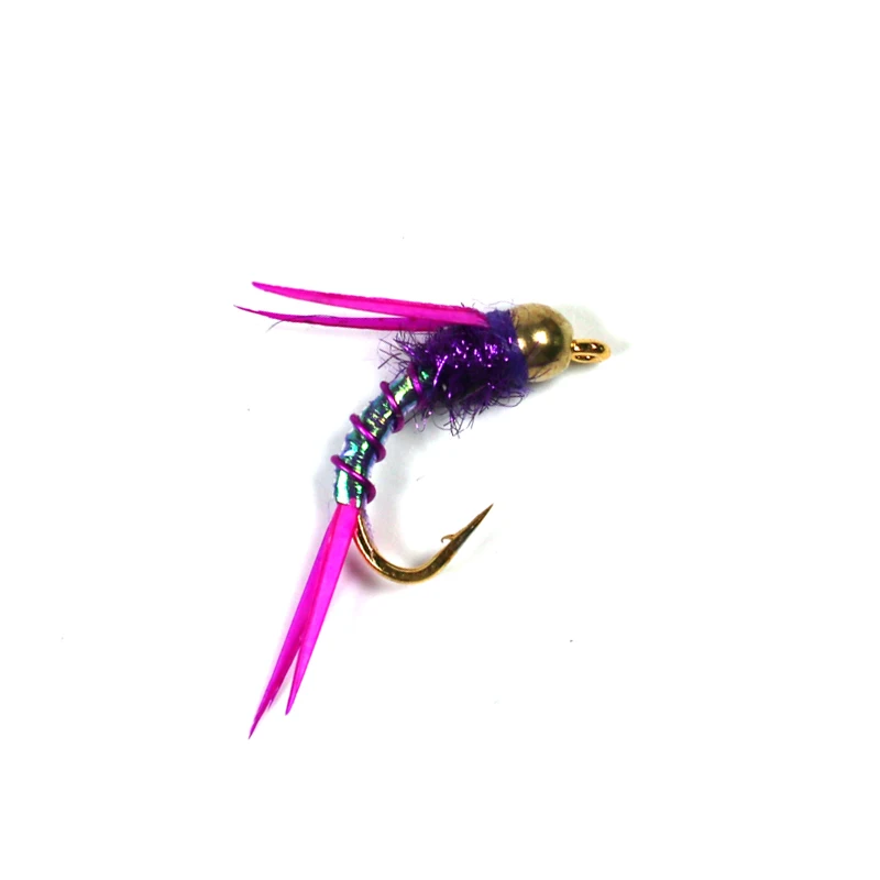 Bimoo 6PCS #12 Psycho Prince Nymph Crazy Purple Prince Nymph Fly Bright Brass Bead Head Trout Fishing Flies