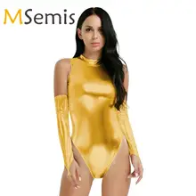 Женский Блестящий купальник с высокой посадкой, боди, нижнее белье, без рукавов, трико, стринги, купальный костюм, кожа, полный купальник