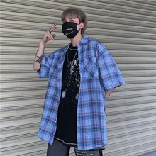 Summer Plaid Shirt Men's Fashion Retro Casual Shirt Men Wild Loose Short Sleeve Shirts Mens Streetwear Couple Shirt M-XL