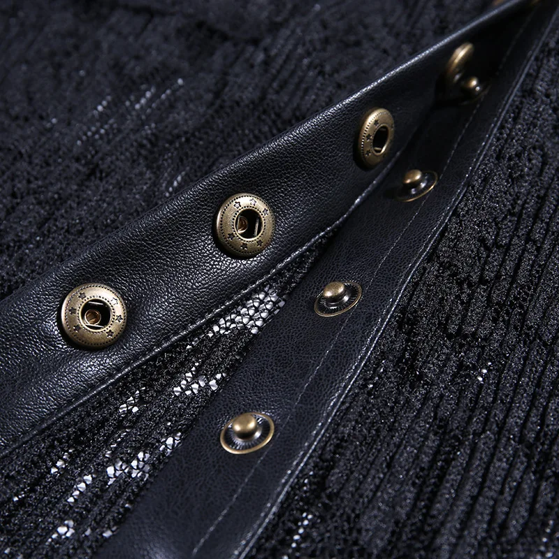 Sexy Lace PU Leather Jackets Coat Women Autumn Black See Through Tops Skull Print Fashion Punk Rivet Streetwear Outerwear Female