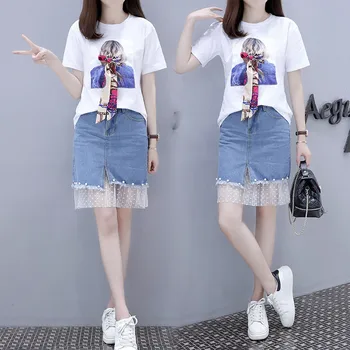

Casual Loose Two-Piece Sets Female 2020 New Summer Printed T-Shirt + Beaded Lace Patchwork Short Denim Skirt Two-Piece Set