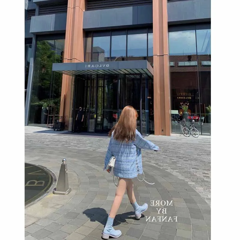 Thin Mid-length Tweed Jacket Female Plaid Blue