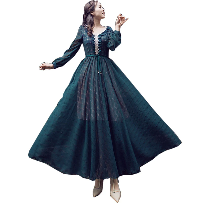 

Spring Herf Elegant dress Women's fashion V -neck chokes Plaid Chiffon dress Maxi celebrity /graduate /Diner A -line dress