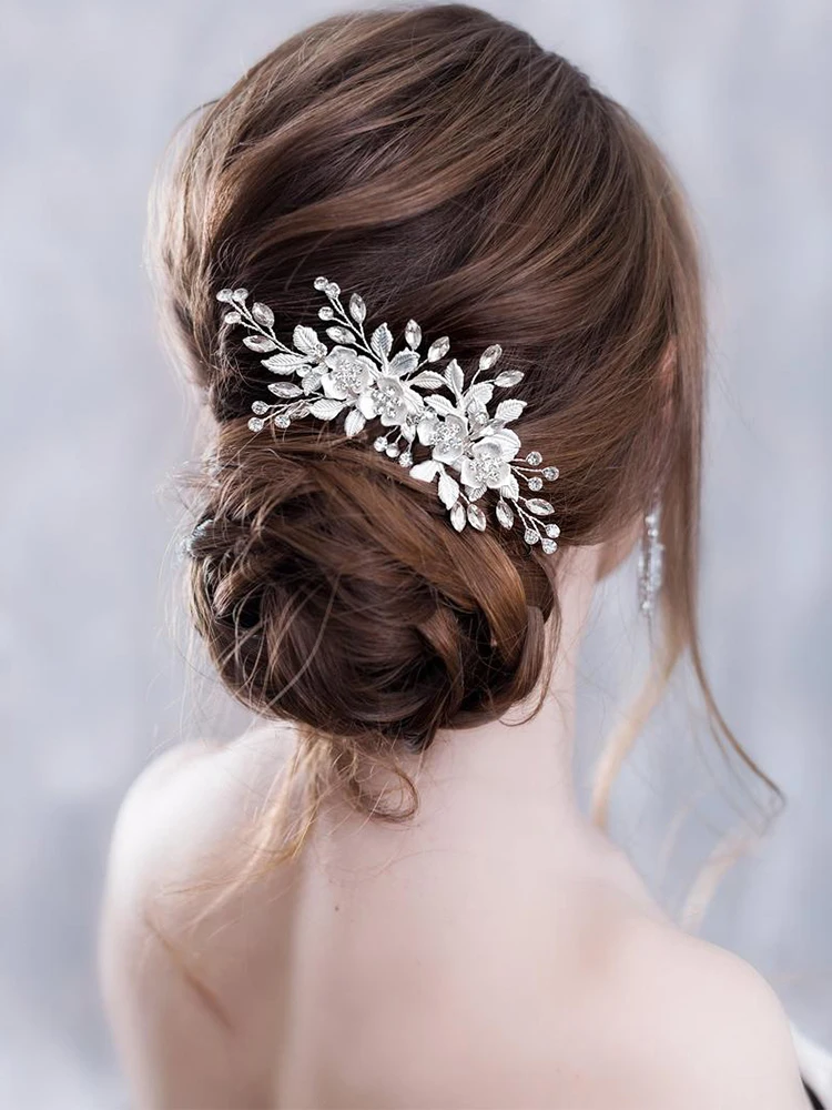 Flower Hair Comb Wedding Hair Accessories Silver Color Rhinestone Headband Bridal Tiara Headband Pins Wedding Jewelry