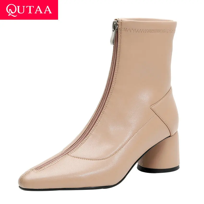 

QUTAA 2020 Scrub PU Leather Pointed Toe Stretch Ankle Boots Fashion Front Zipper Square High Heel Comfort Women Shoes Size 34-40