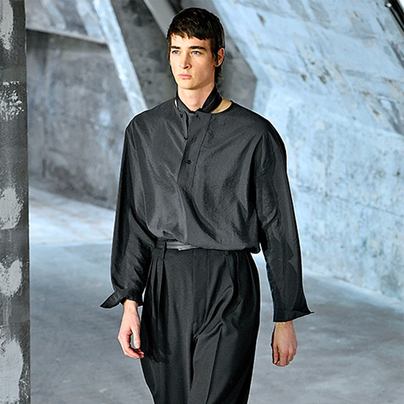 

Мужская шелковая рубашка с длинным рукавом, однотонная гладкая рубашка с круглым вырезом и персонализированным принтом лица, лето 2021