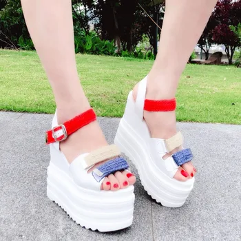 

European and American thick-soled sandals 2018 summer new webbing 13CM open toe increase women's shoes sponge cake Roman shoes