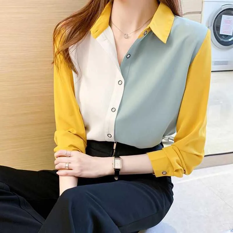 Korean S-3XL Women'S Oversize Shirt 2021 Block  Color Long Sleeve Chiffon Women Bottom Loose Top Streetwear Casual Blouses