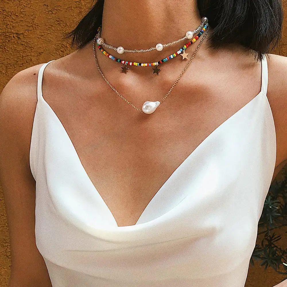 SHIXIN, бохо, Радужное ожерелье с маленькими бусинами, модная звезда/жемчужная подвеска, ожерелье для женщин, многослойная разноцветная цепочка из бисера на шею