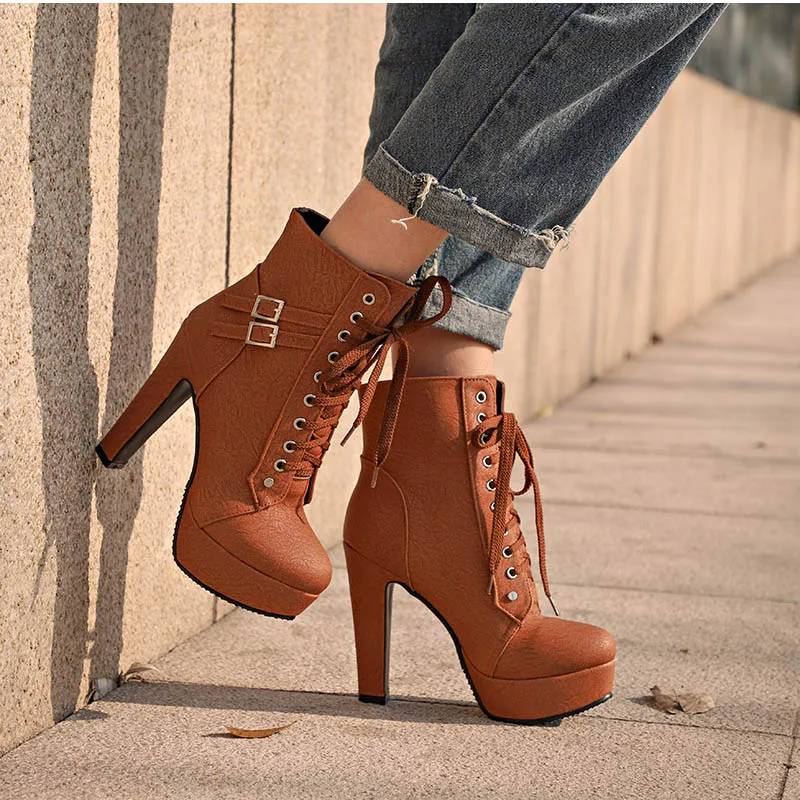 

2020Plus Size Ankle Boots Women Platform High Heels Female Lace up Women's Shoes Buckle Woman Short Boot Ladies Footwear
