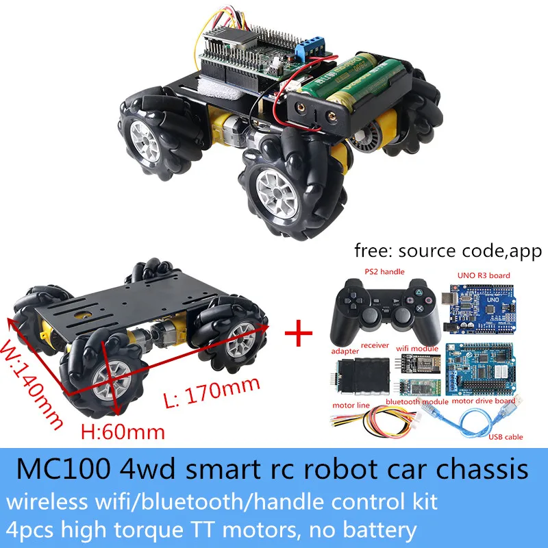 Wireless Control MC100 4wd 60mm Mecanum Wheel Metal Smart RC Robot Car Chassis Wifi/Bluetooth/Handle Controller DIY For Arduino | Игрушки и