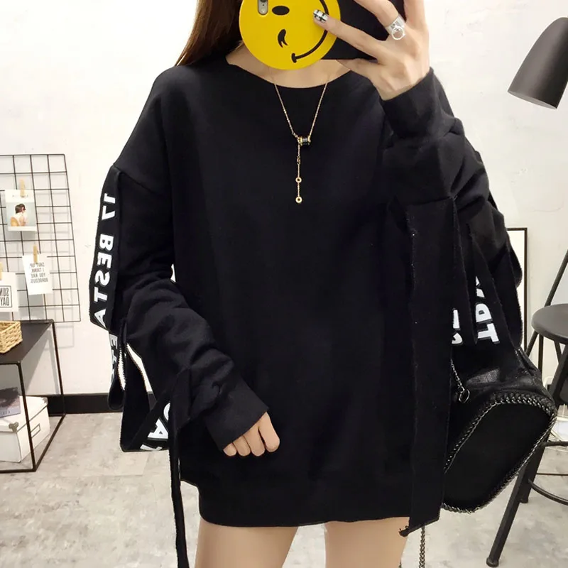 Модные женские пуловеры, толстовки, свитшоты, осенние корейские Ulzzang Harajuku, свободные длинные толстовки с лентами, Женская толстовка с капюшоном, Топ