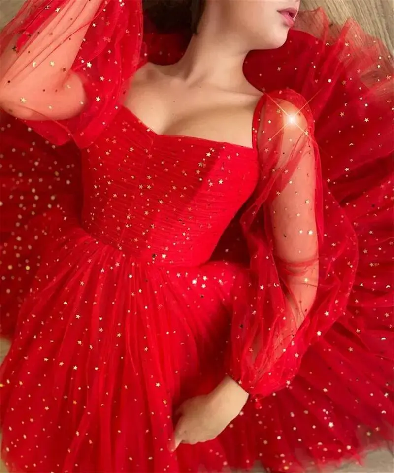 

Sparkly Gold Stars Red Sweetheart Long Sleeves A Line Knee Length Shimmer Evening Party Tulle Prom Dresses Puff robes de soirée