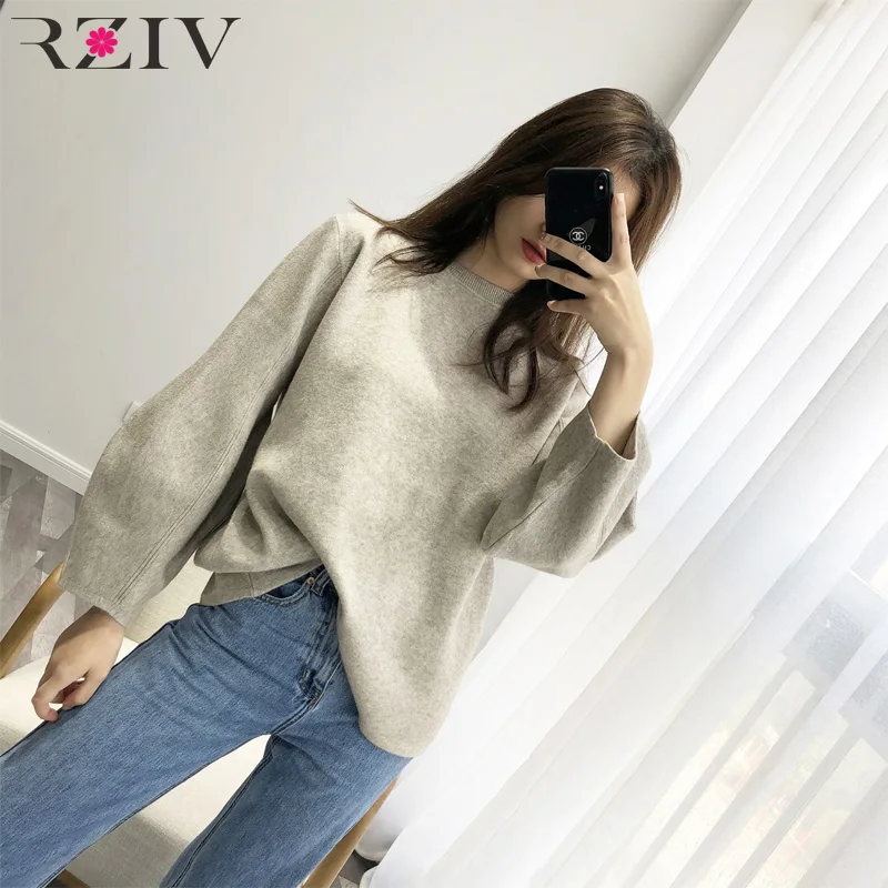 

RZIV Autumn and winter women's sweater casual solid color round neck long sleeve sweater